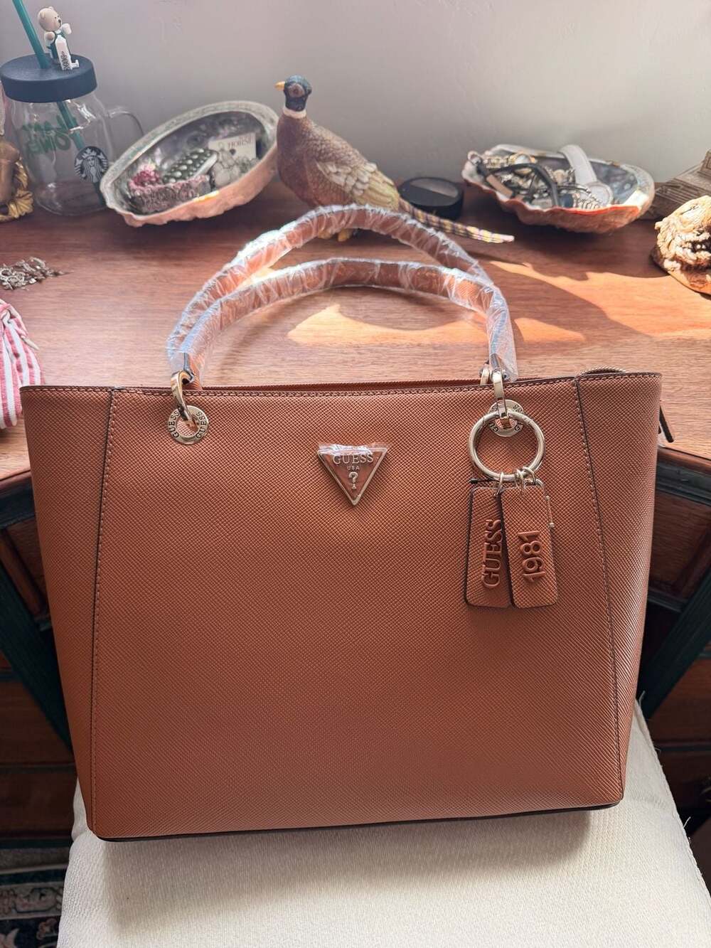 Guess Bag Noelle Medium Laptop Office Tote Bag Light Cognac Brown Work Bag